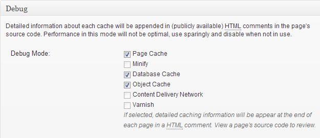 W3 Total Cache Debug Settings